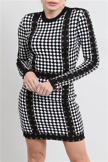 Vestido Balmain Tricô com Ilhós Bicolor Preto