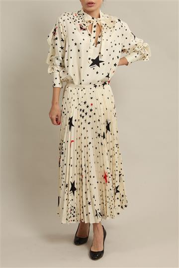 Saia Valentino Plissada Estrelas Off-White