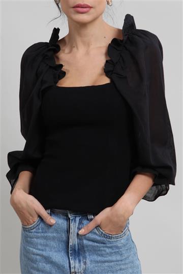 Blusa Cris Barros Mangas Bufantes e Babados Preta